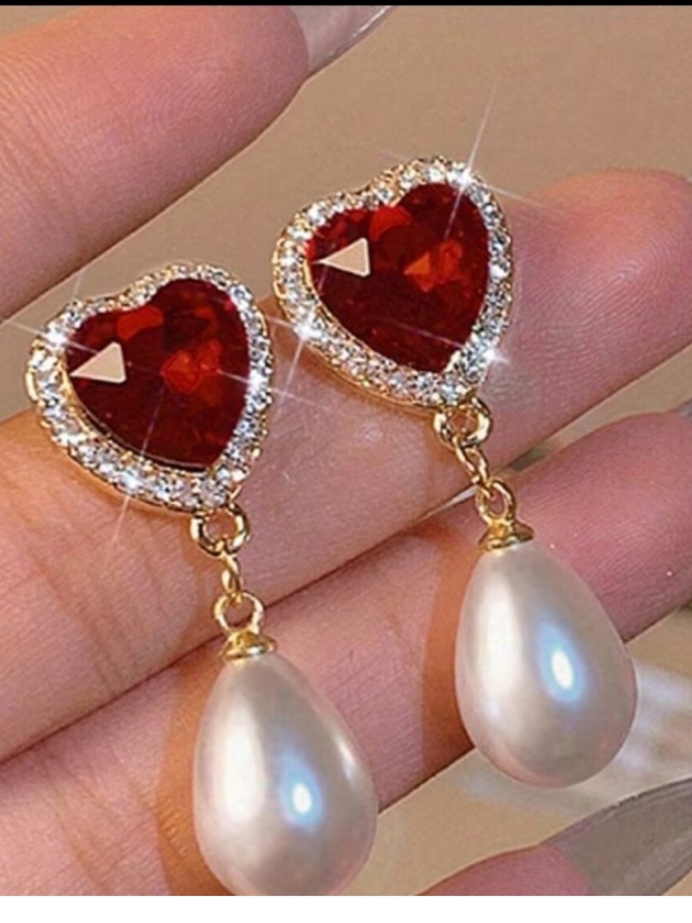 Gold garnet Heart Drop Earrings with Red Crystal and Pearl new